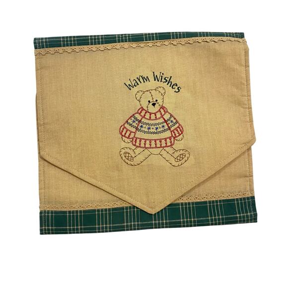 Vintage table runner for side table that reads “Warm Wishes” w teddy bear design - Picture 16 of 16